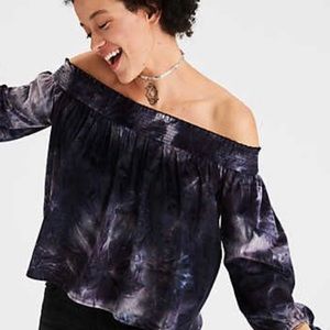 velvet blue and white tie die off the shoulder